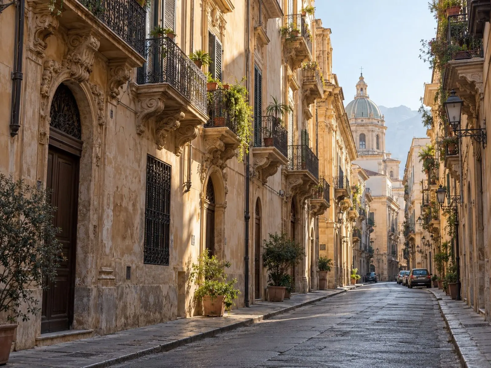 Via del centro storico di Palermo all'alba